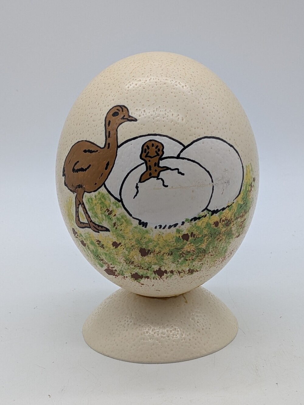 Hand-Painted Ostrich Egg with Hatching Chick Illustration 1960s South Africa